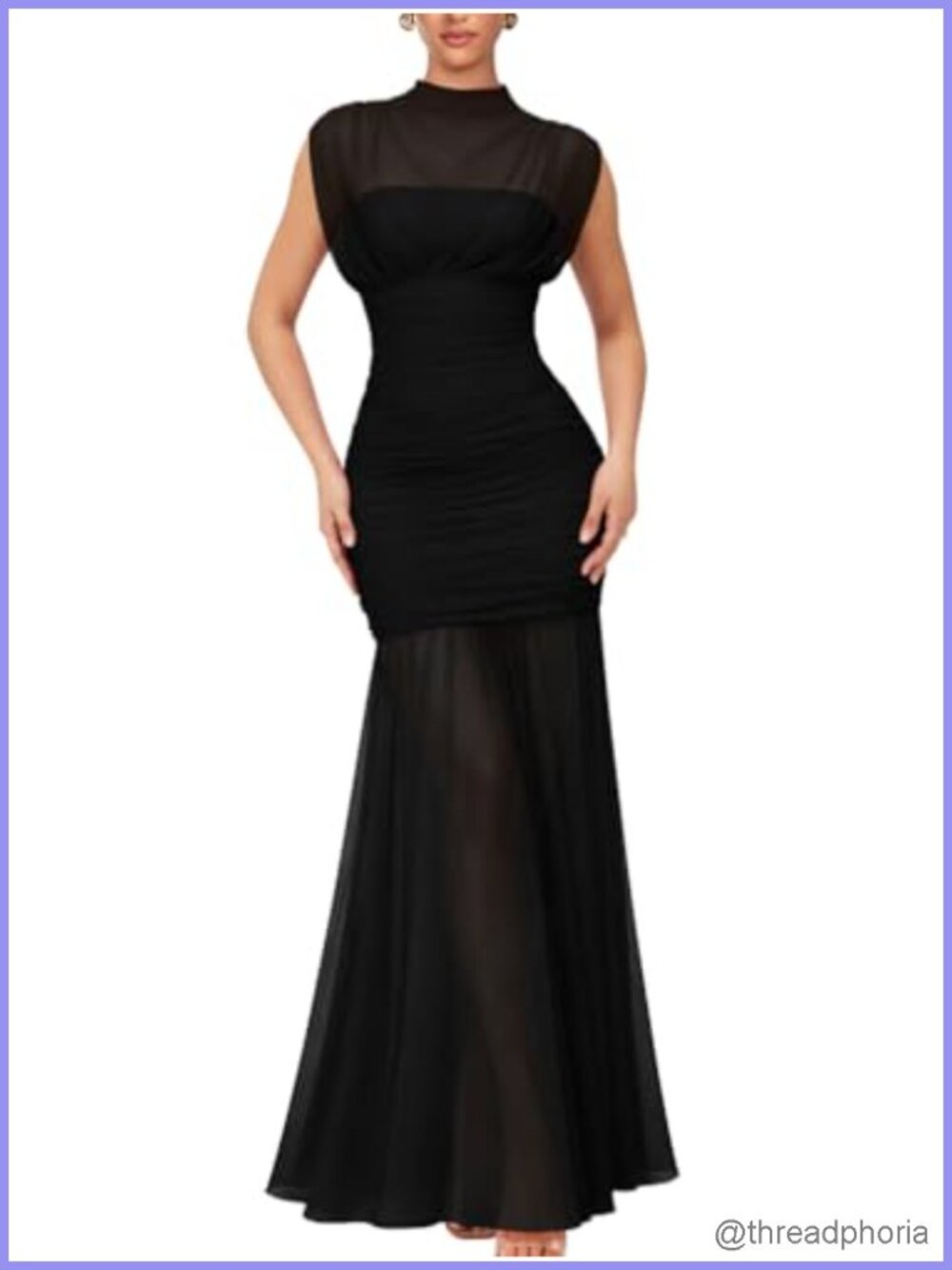 Women's Sleeveless Mesh High Neck Ruched Cocktail Maxi Dress
